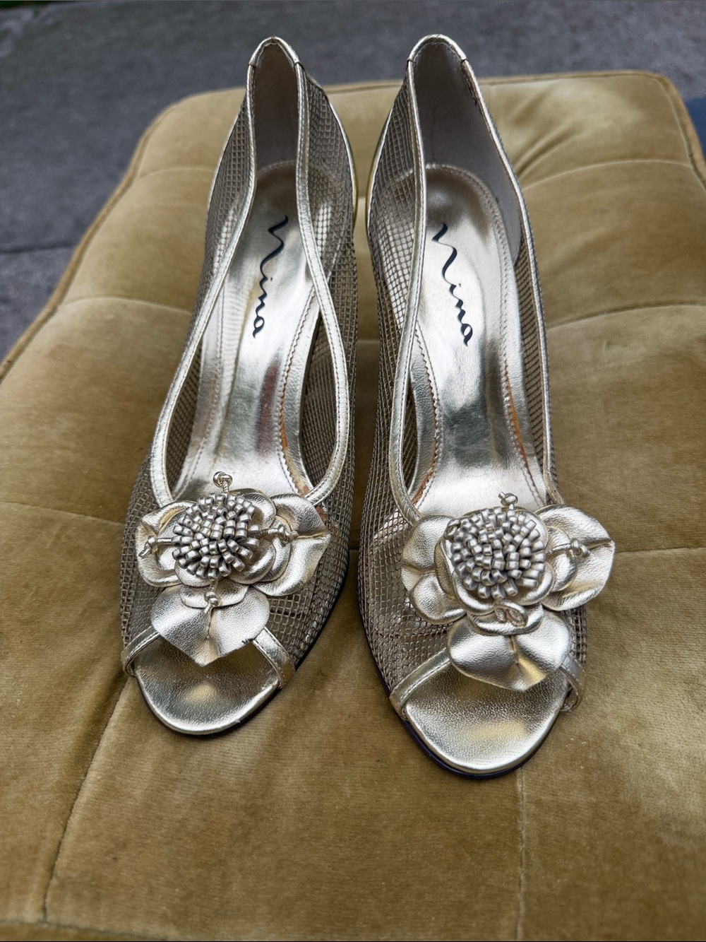 Nina Metallic Gold Peep-Toe Heels with Floral Accent